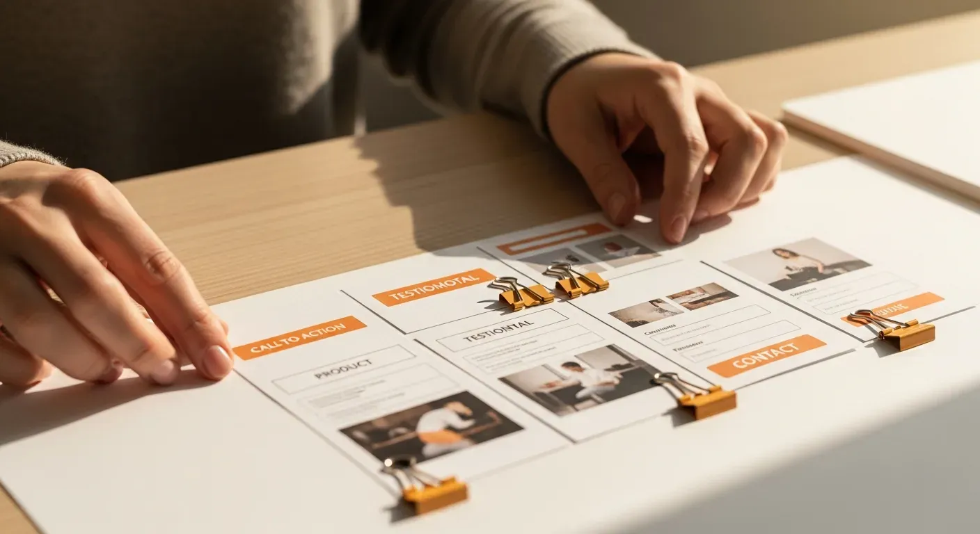 Elementos esenciales para crear página web de ventas: botones, testimonios y formularios organizados