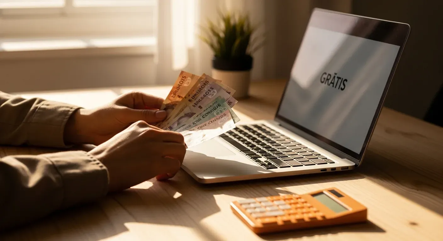Manos con pesos chilenos junto a laptop mostrando opciones gratuitas para crear tienda online