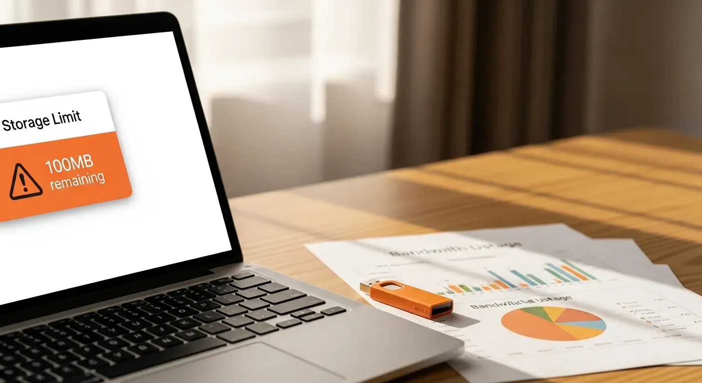 Limitaciones de tiendas online gratuitas mostradas en laptop con advertencia de almacenamiento y USB naranja