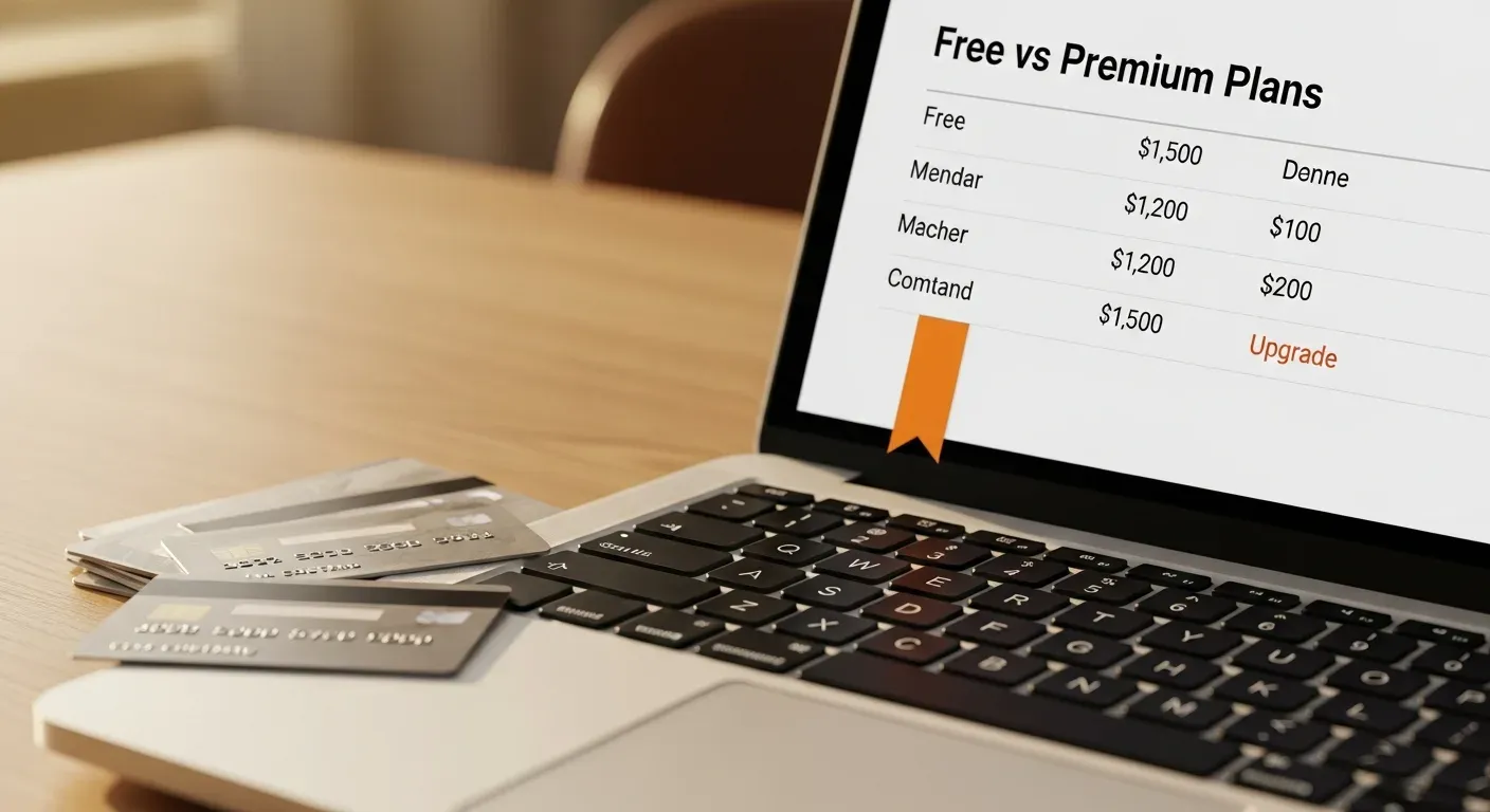 Comparación de planes gratuitos vs premium para tienda online con tarjetas de crédito y marcador naranja