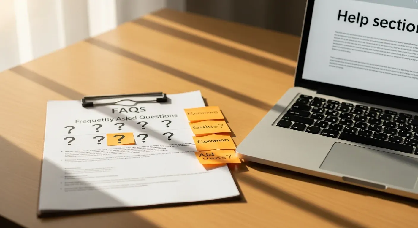 Preguntas frecuentes sobre crear tienda online gratis con notas adhesivas naranjas en documento FAQ