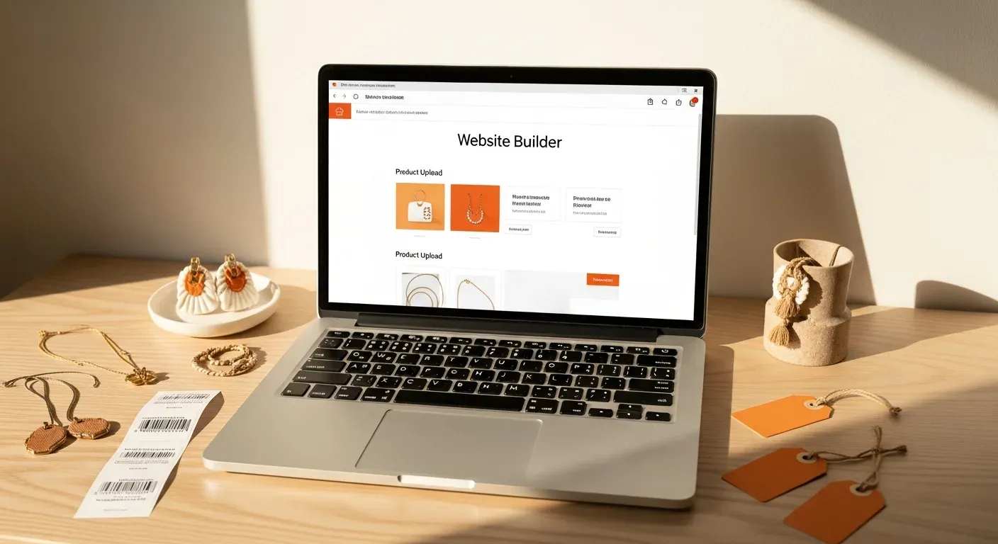 Portátil con un creador de tiendas en pantalla subiendo fotos de productos, rodeado de bisutería y etiquetas de precio