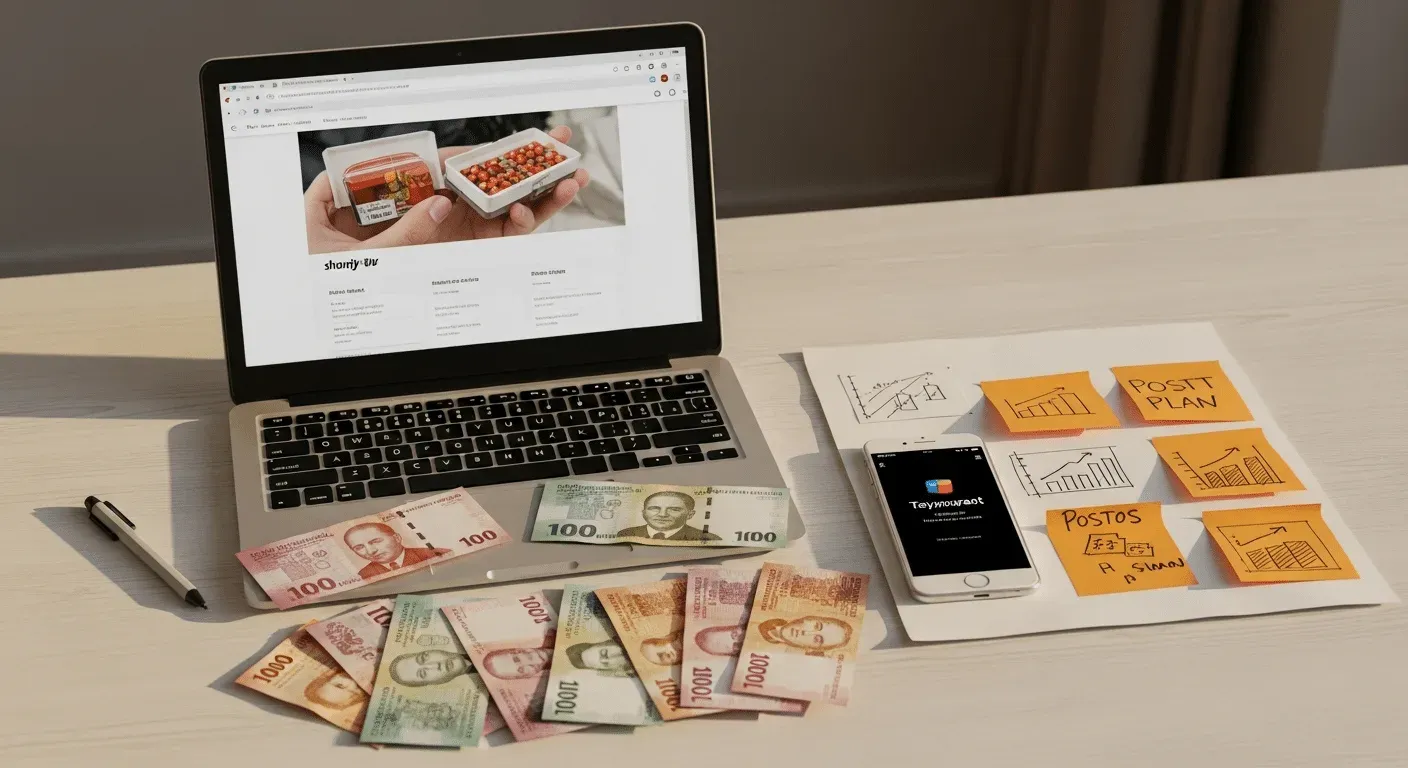 Portátil con la ficha de un producto en pantalla, rodeado de billetes chilenos y notas adhesivas con gráficos de ventas