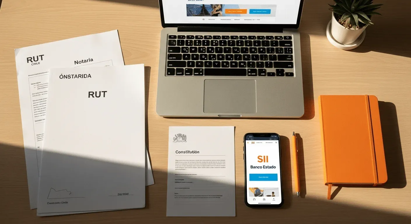 Documentos de RUT y de constitución de empresa sobre un escritorio, junto a un teléfono con el SII y un portátil