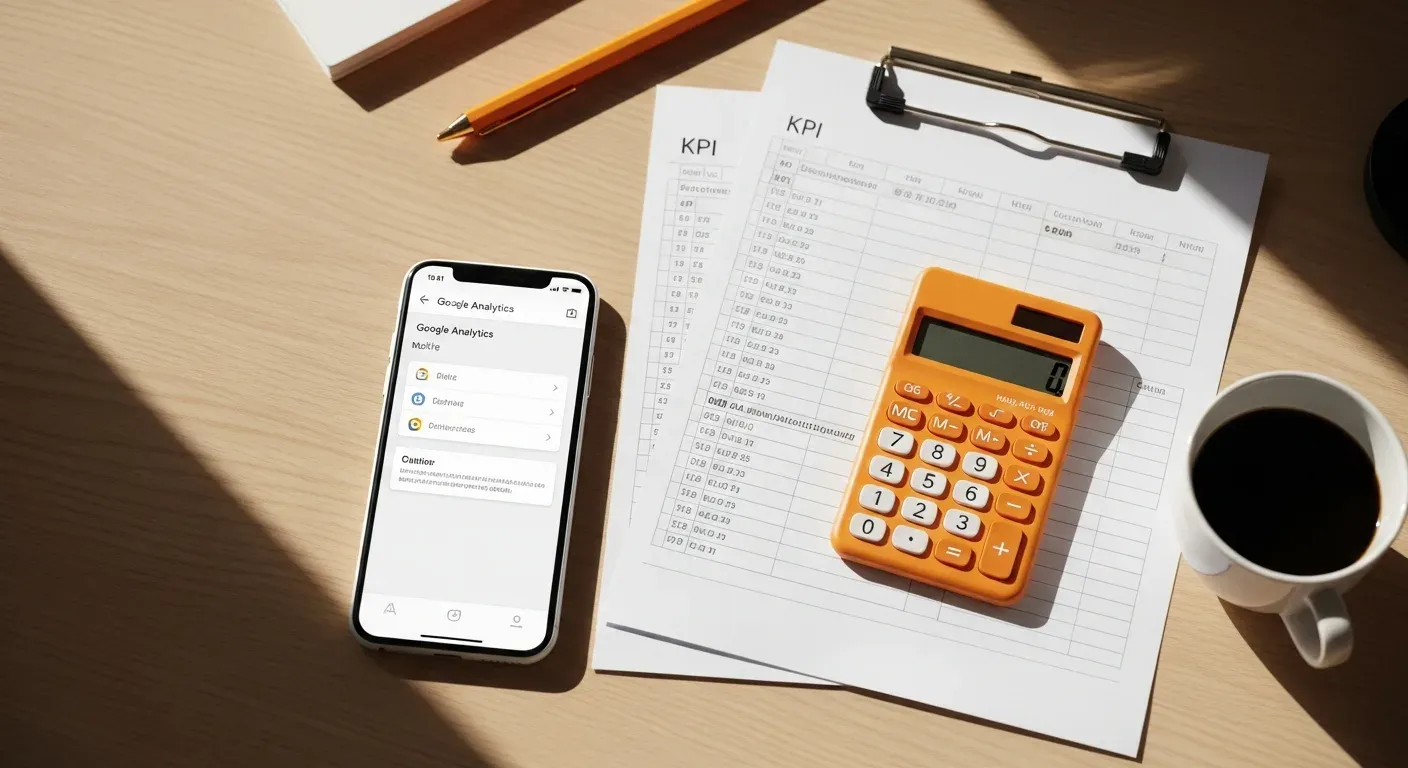 Mesa con smartphone mostrando Google Analytics y calculadora para medir éxito tienda online efectivamente