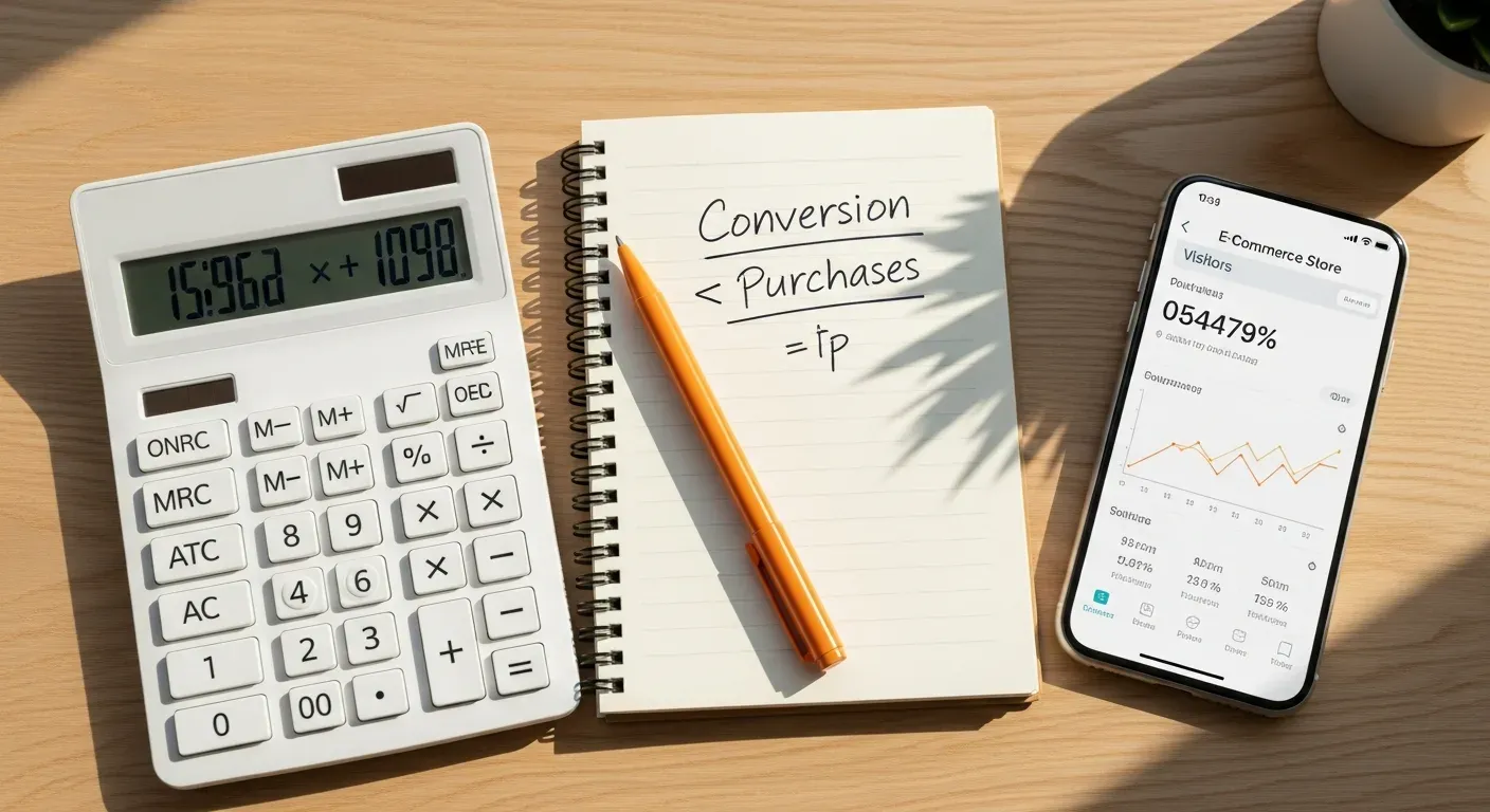 Calculadora mostrando fórmula de tasa de conversión para medir éxito tienda online con notebook y teléfono