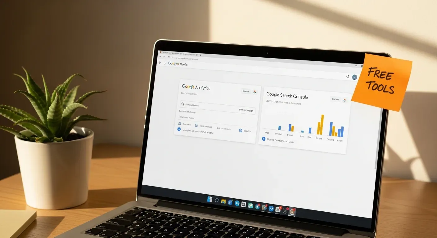 Laptop con Google Analytics y Search Console abiertos, herramientas gratuitas para medir éxito tienda online