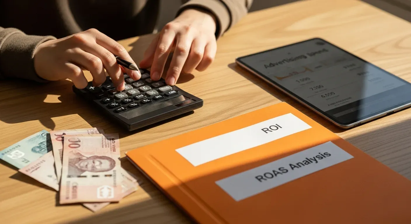 Calculadora computando ROI con pesos chilenos y carpeta naranja para medir éxito tienda online en Chile