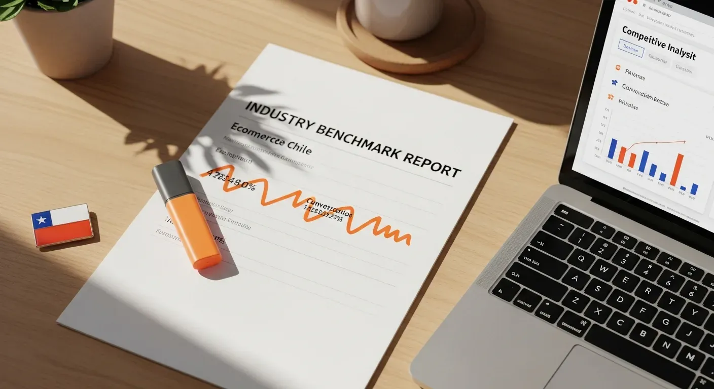 Reporte de benchmarks ecommerce chileno con marcador naranja para medir éxito tienda online comparando industria
