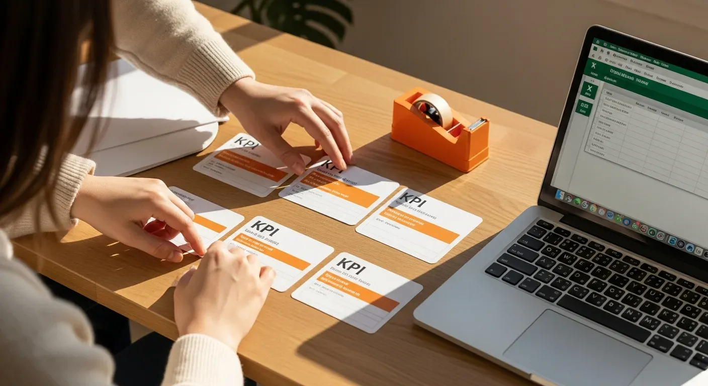 Manos organizando tarjetas de KPIs creando dashboard personalizado para medir éxito tienda online con laptop