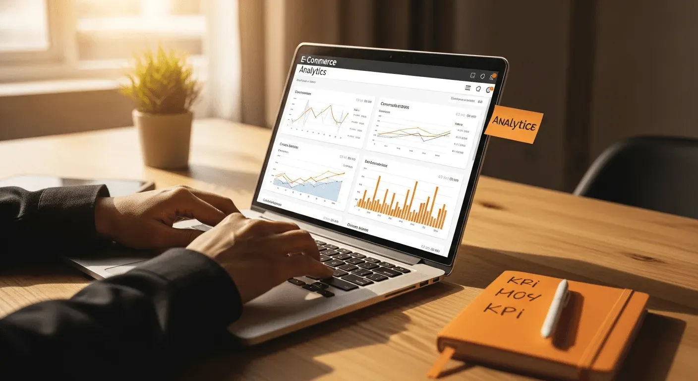 Persona escribiendo en un portátil con un panel de analítica de ecommerce en pantalla y una libreta rotulada KPI al lado