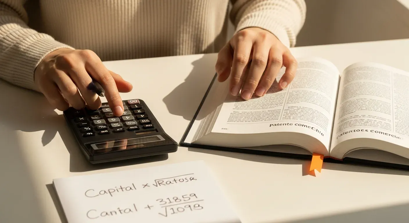 Calculadora y código tributario chileno abierto en sección de patente comercial con fórmula de cálculo visible