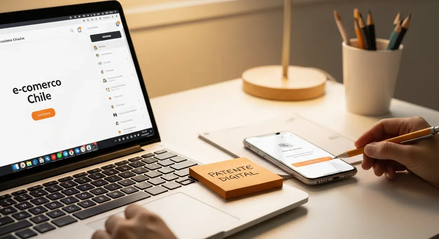Computador mostrando tienda online chilena con nota sobre cálculo de patente comercial para negocios digitales
