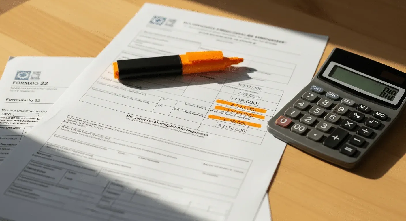 Formulario tributario con varias cifras resaltadas en naranja y una calculadora al lado