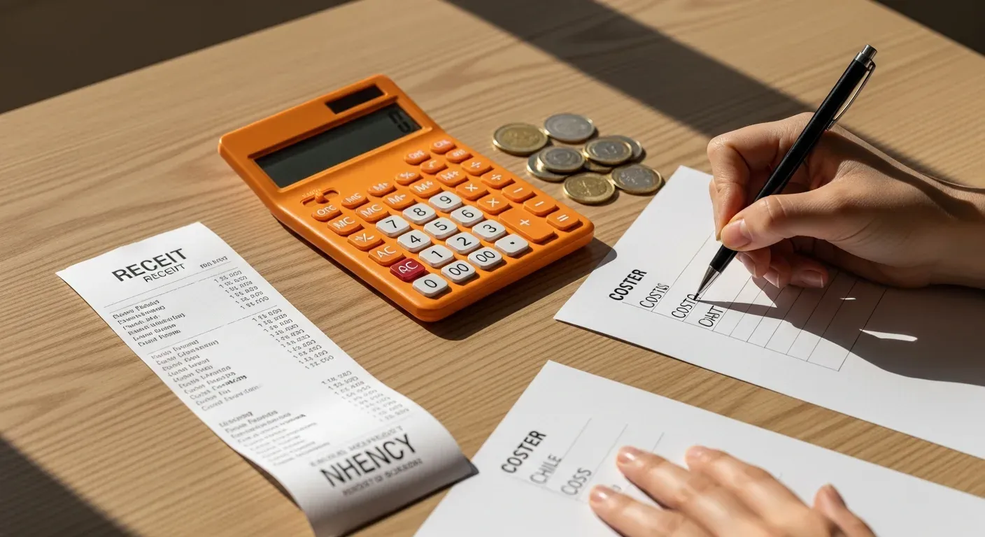 Desglose de principales costos tienda online Chile con calculadora naranja y billetes sobre escritorio