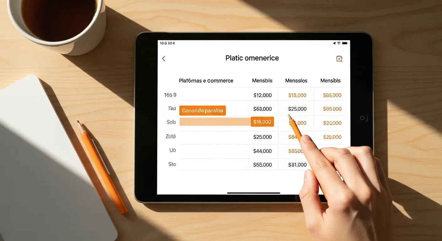 Tablet con comparación de plataformas para presupuesto costos tienda online Chile con marcador naranja