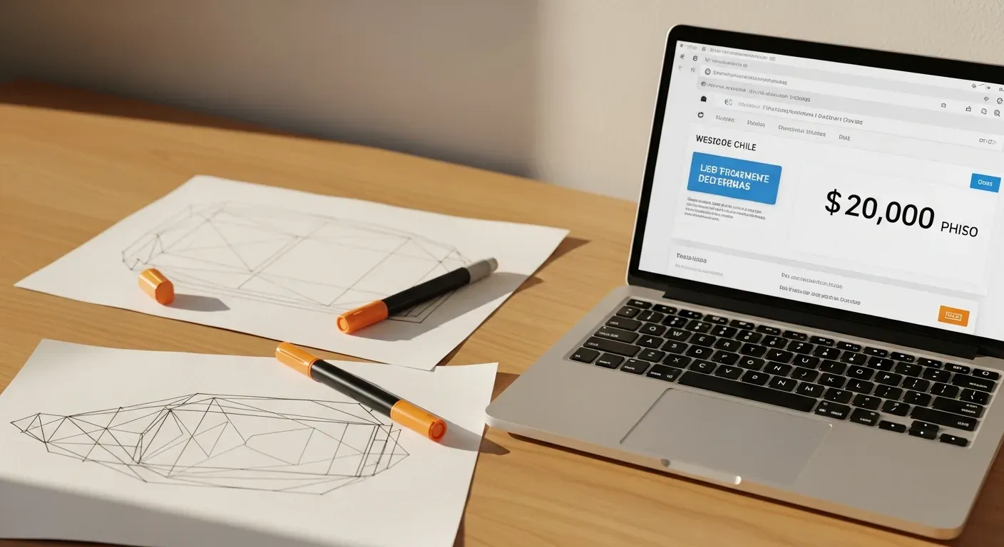 Bocetos de diseño web y cotización para inversión en costos tienda online Chile con marcadores naranjas