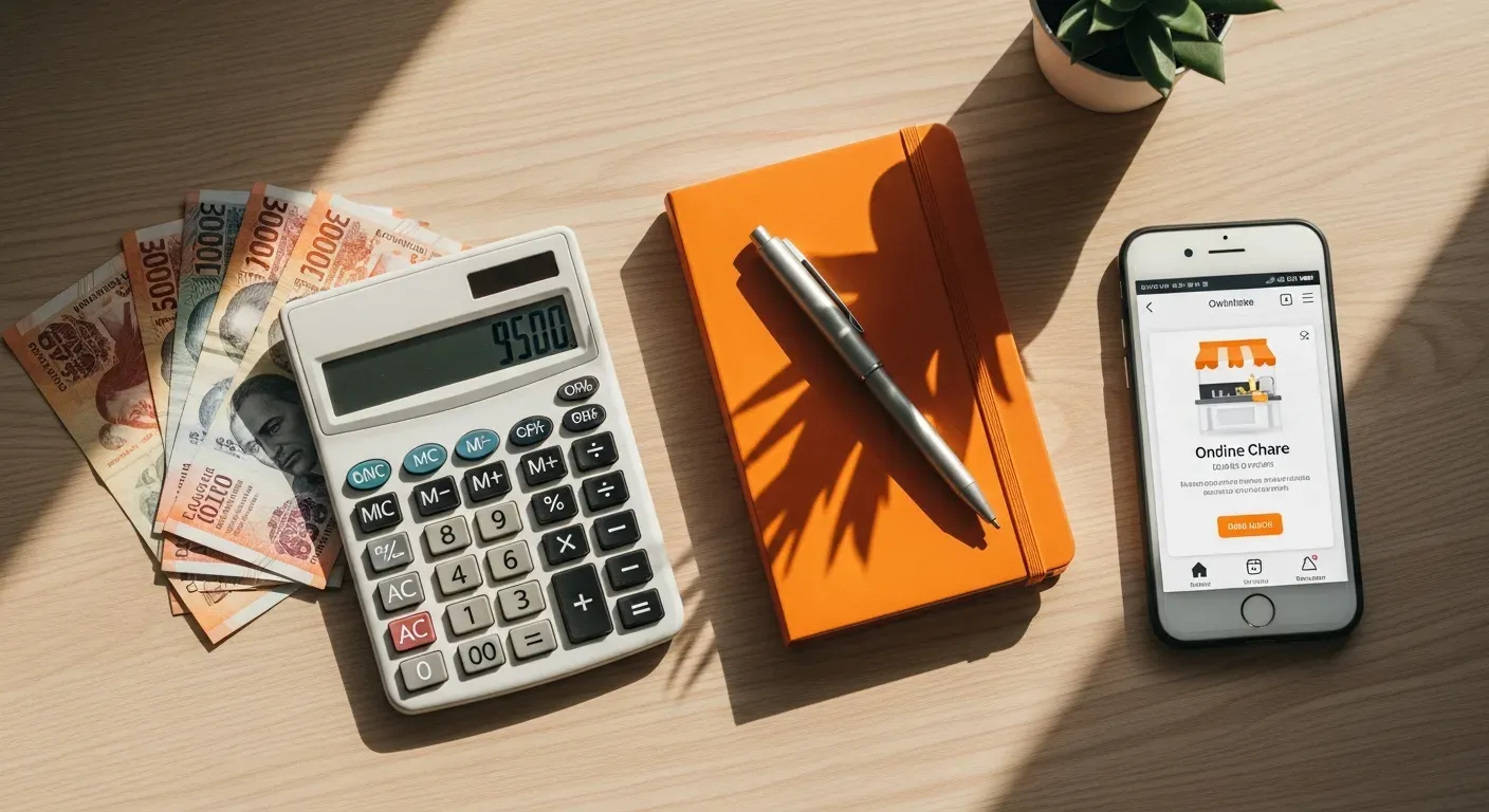 Billetes chilenos, una calculadora y un teléfono con una tienda online, dispuestos para calcular lo que cuesta montarla