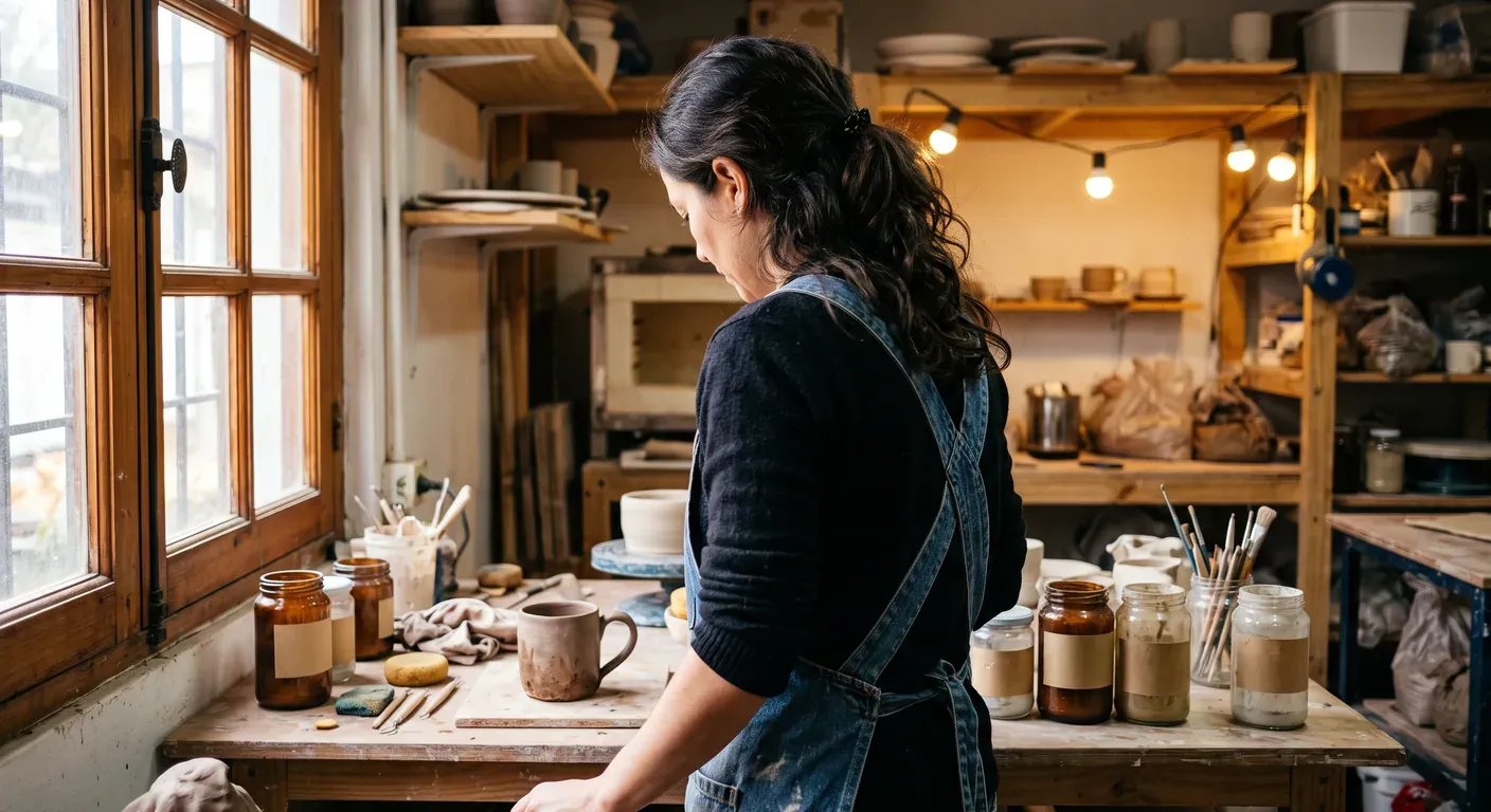 emprendedora de espaldas junto a la ventana mirando una taza de cerámica sobre un mesón con luz natural