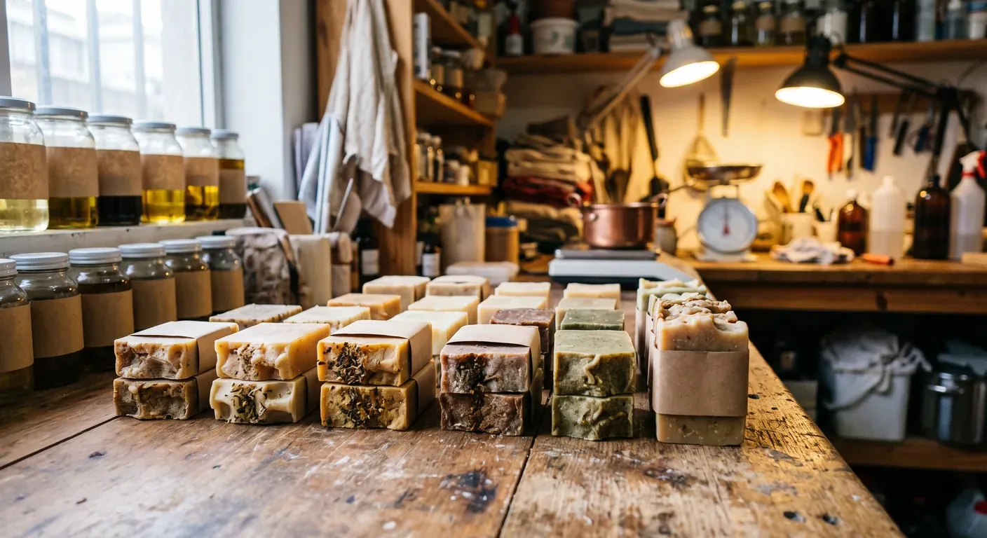 Jabones artesanales ordenados en el mesón de un taller casero, listos para calcular su costo