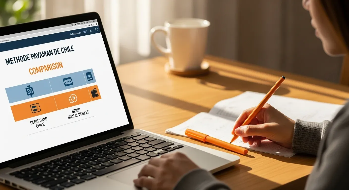 Laptop mostrando comparación de mejores métodos de pago para tienda online Chile con tarjetas sobre escritorio