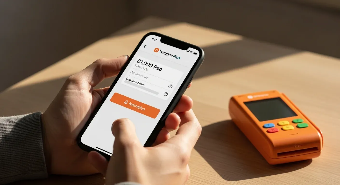 Smartphone con pantalla de confirmación Webpay Plus y lector de tarjetas para métodos de pago tienda online Chile
