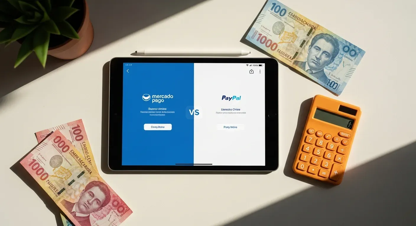 Tablet comparando Mercado Pago vs PayPal con billetes chilenos para métodos de pago tienda online Chile
