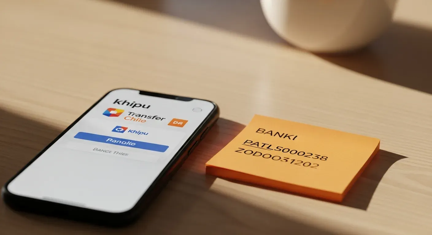 Teléfono con interfaz Khipu y nota bancaria naranjo mostrando métodos de pago tienda online Chile emprendedores