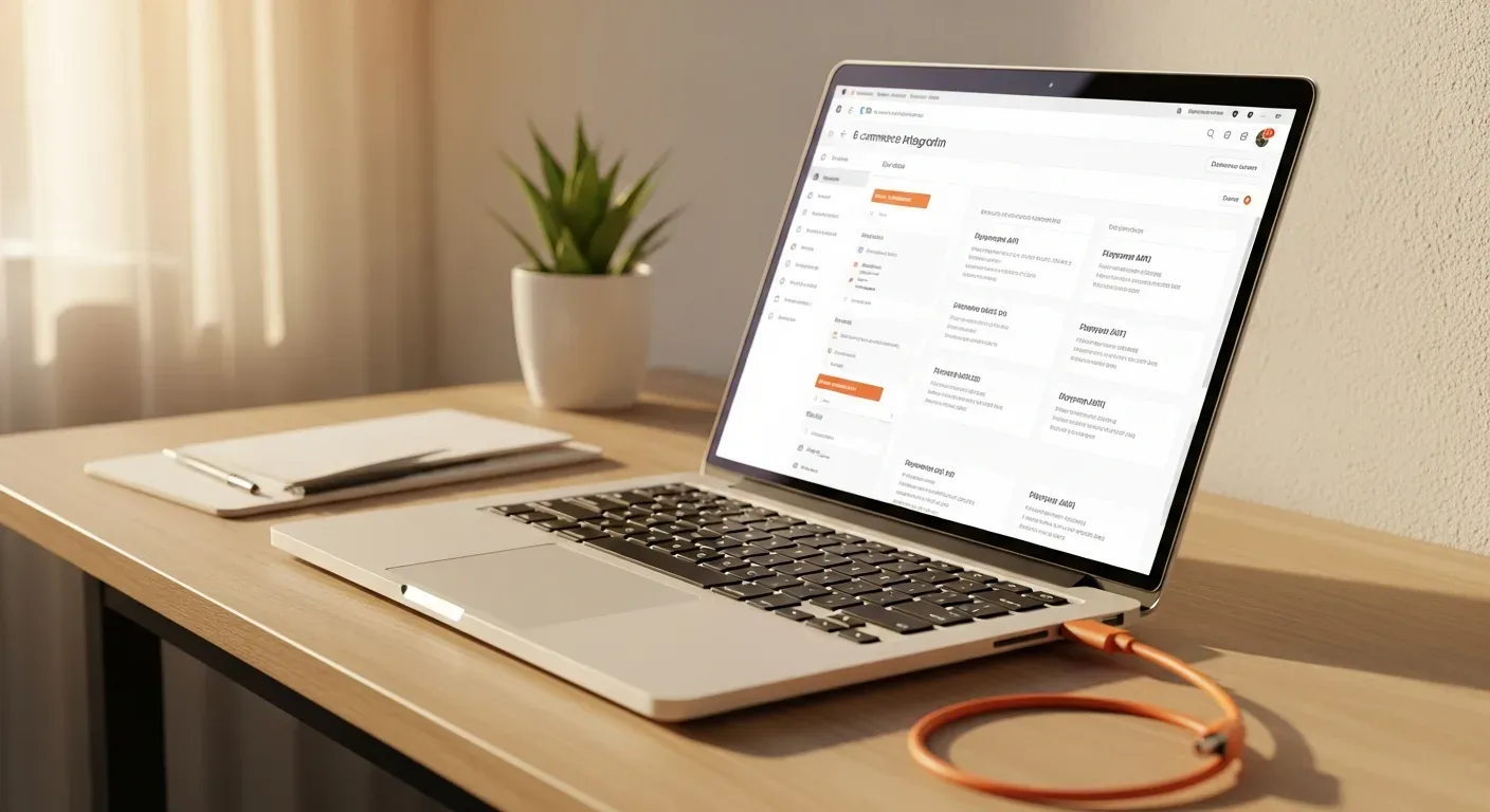 Laptop con dashboard de integración de API de pagos y cable USB para métodos de pago tienda online Chile