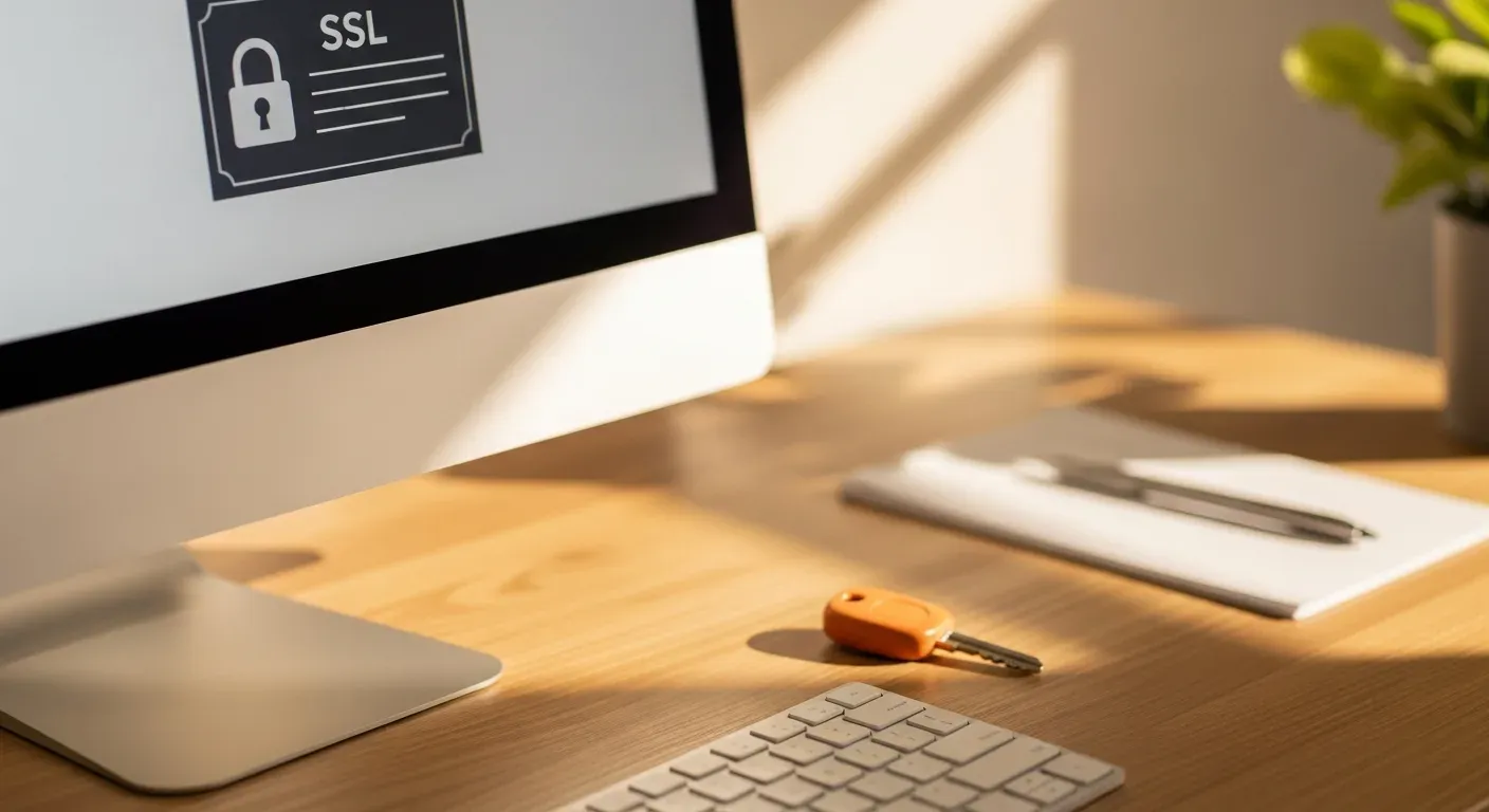 Pantalla con certificado SSL y candado de seguridad para métodos de pago tienda online Chile con llave naranja
