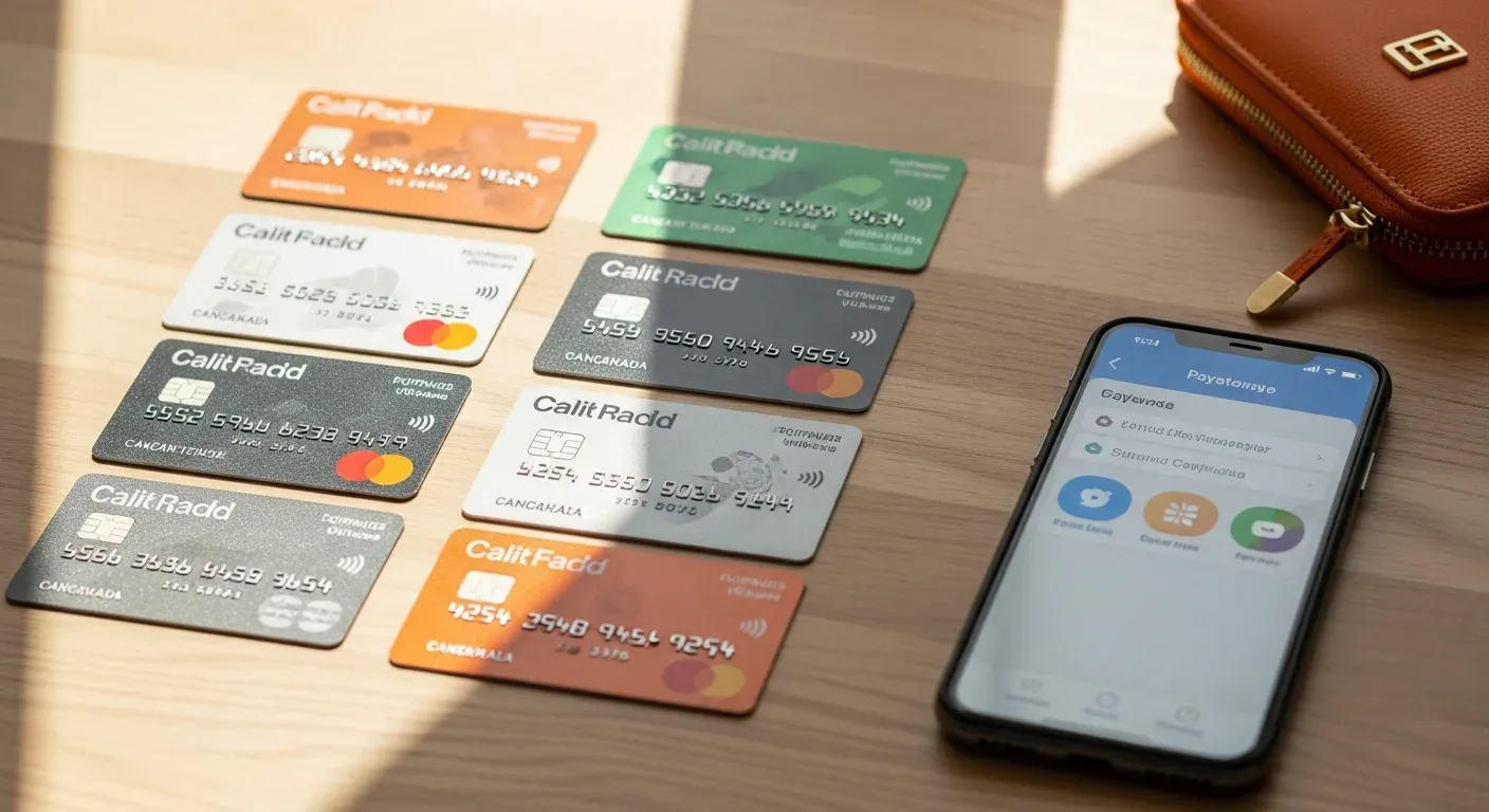 Varias tarjetas de crédito extendidas sobre una mesa junto a un teléfono abierto en la pantalla de medios de pago