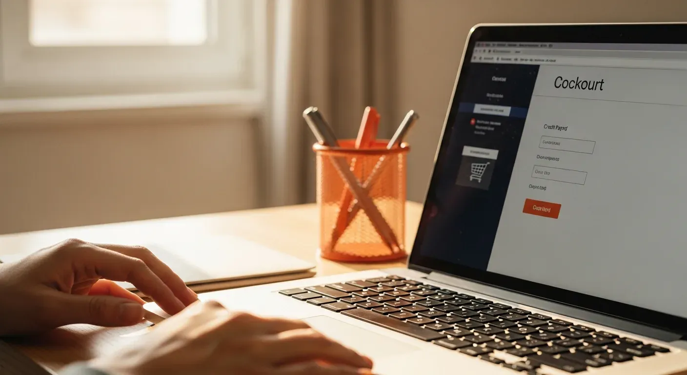 Pantalla de laptop mostrando proceso de compra online que explica qué es el ecommerce, con portalápices naranja