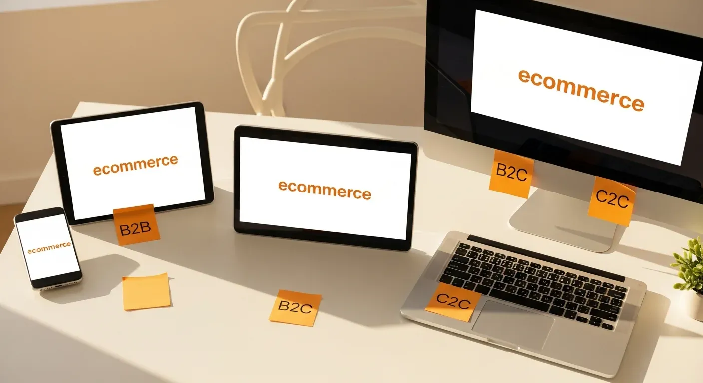 Cuatro dispositivos mostrando tipos de ecommerce B2B y B2C, con notas naranjas explicando qué es el ecommerce