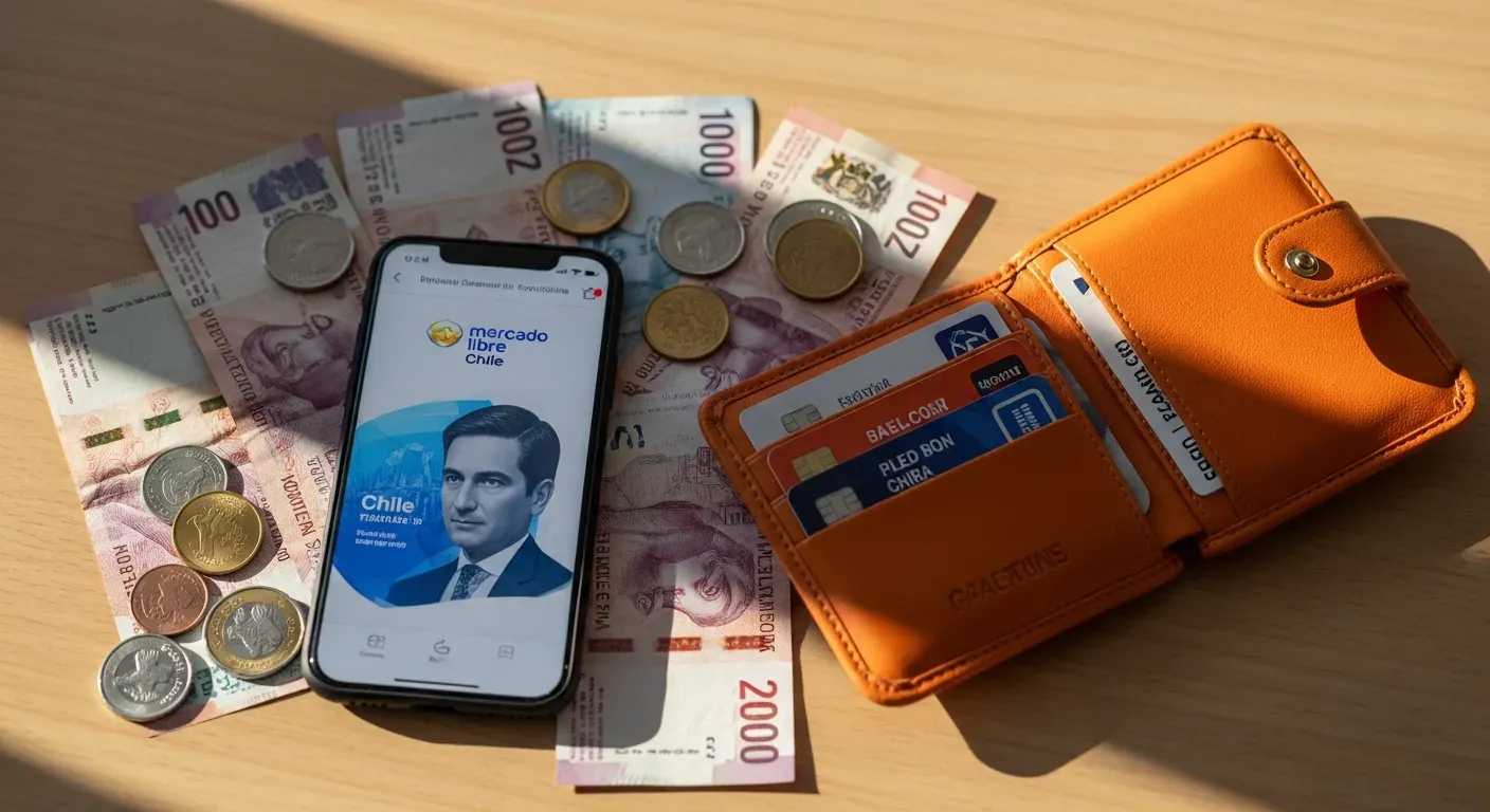 Pesos chilenos y smartphone con Mercado Libre mostrando qué es el ecommerce en Chile, billetera naranja abierta
