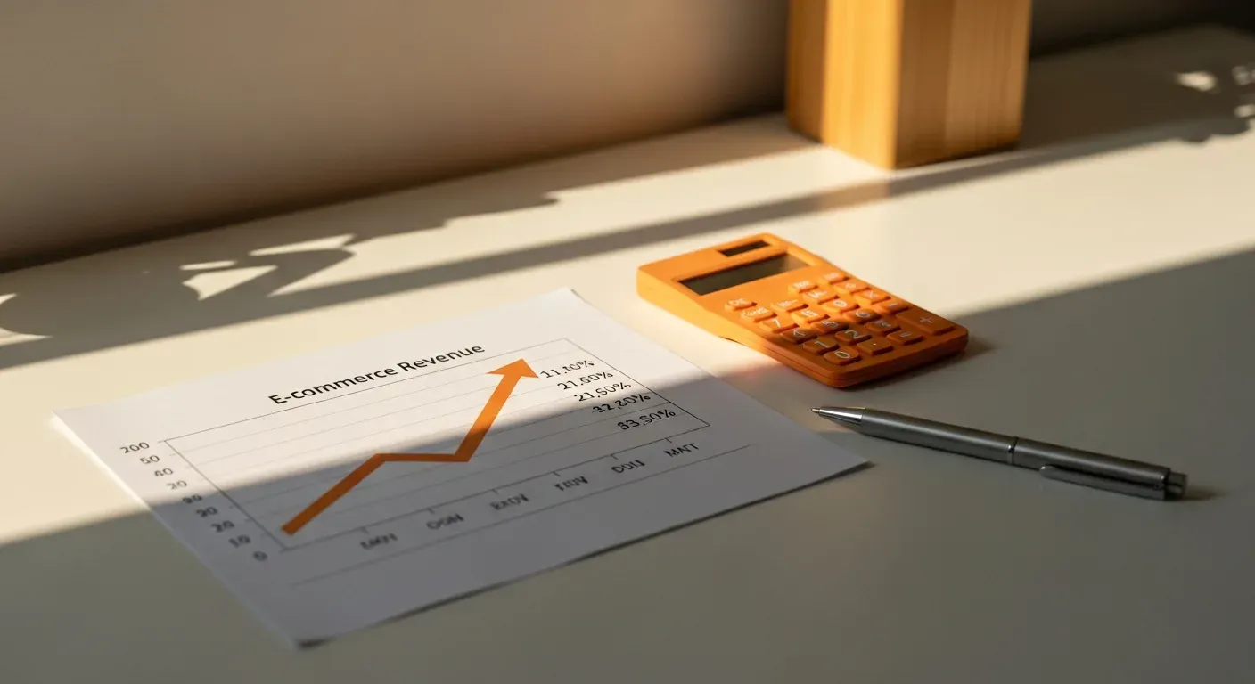 Gráfico de crecimiento con datos de ecommerce, calculadora naranja mostrando ventajas de qué es el ecommerce