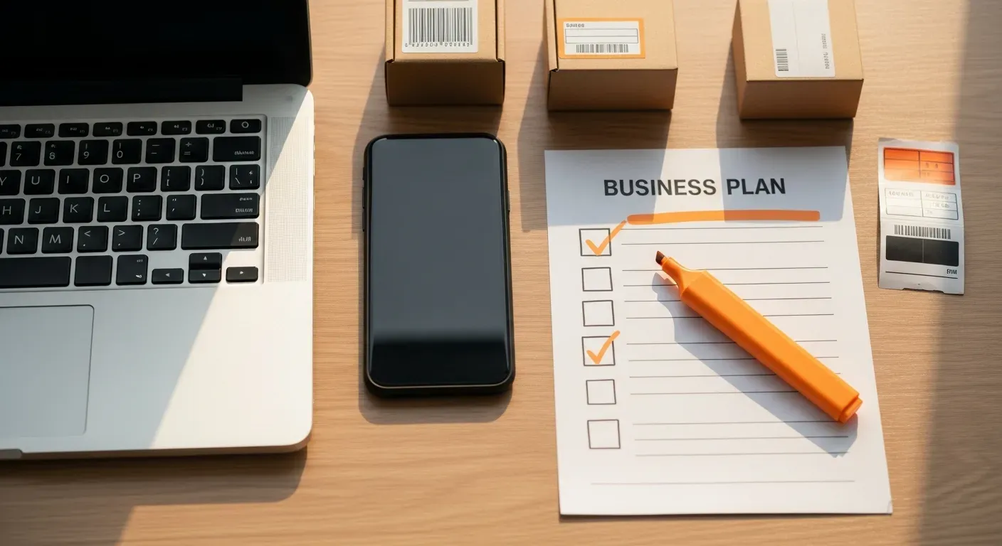 Elementos esenciales para empezar ecommerce: laptop, productos, etiquetas, resaltador naranja sobre plan de negocio