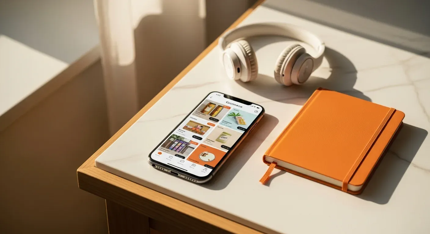 Teléfono sobre una encimera mostrando el catálogo de una tienda online, junto a unos auriculares y una libreta naranja