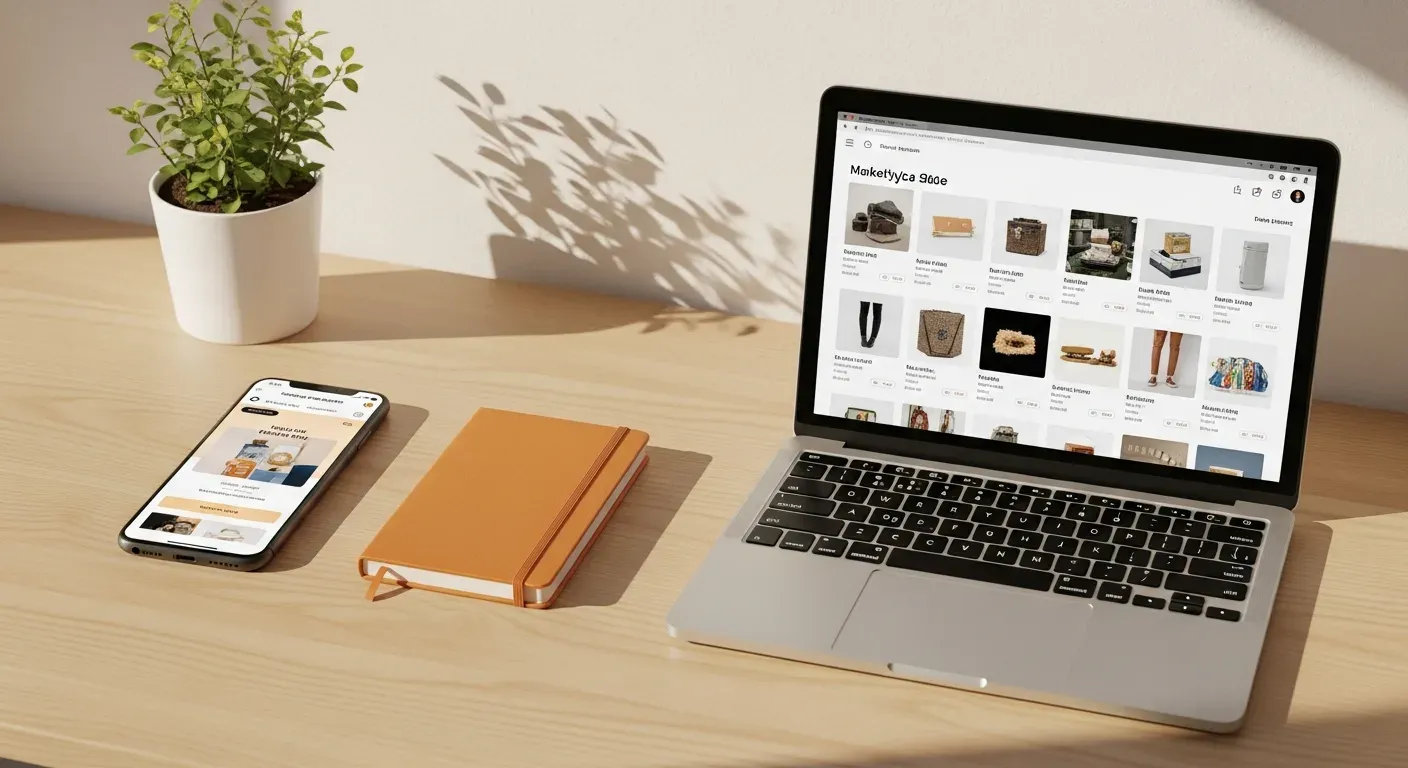 Portátil con la cuadrícula de productos de un marketplace y, al lado, un teléfono con una tienda propia